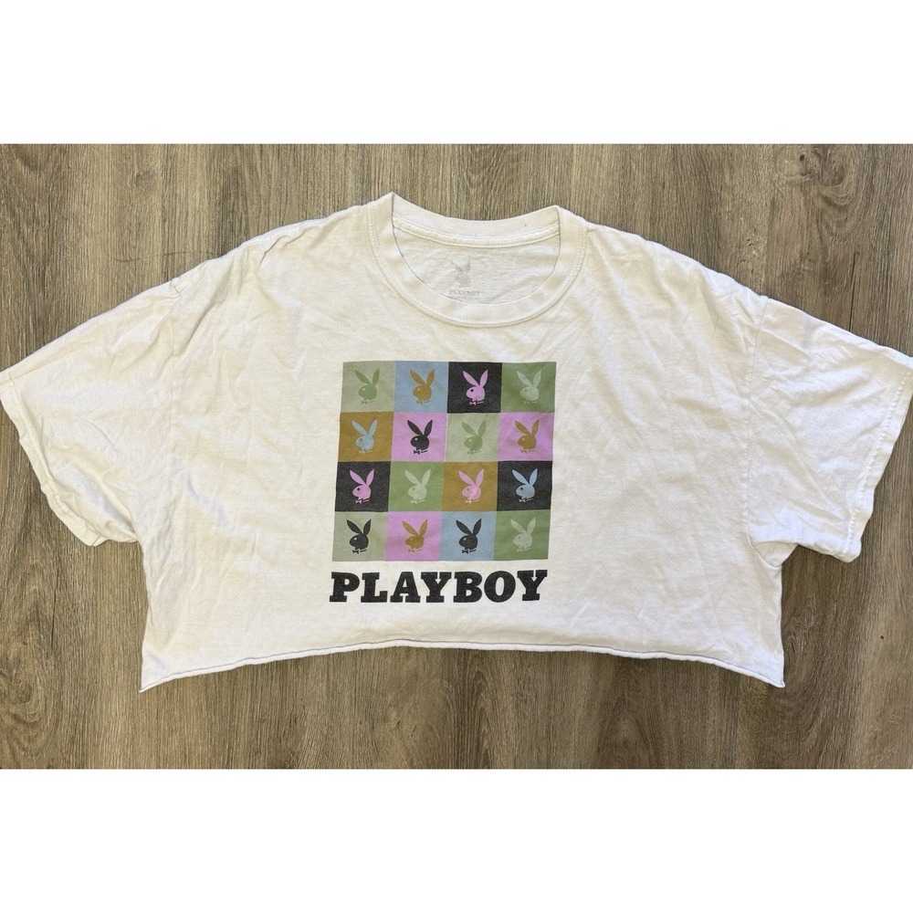 Playboy Crop Top T-Shirt‎ Large White Multi Color Bunny Logo Raw Hem Pop Art Tee